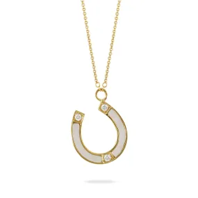 18K YELLOW GOLD DIAMOND HORSESHOE NECKLACE WITH WHITE MOTHER OF PEARL