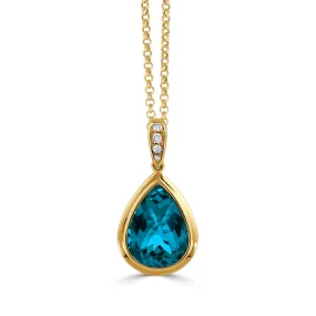 18K YELLOW GOLD DIAMOND NECKLACE WITH LONDON BLUE TOPAZ CENTER