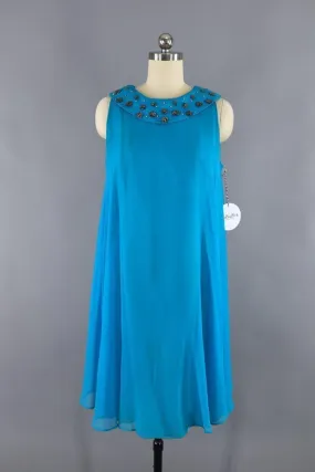 1960s Vintage Chiffon Party Dress / Turquoise Blue