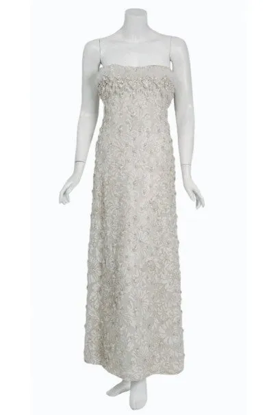 1965 Pierre Balmain Haute-Couture Ivory Beaded Metallic Lace Strapless Gown