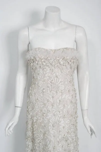 1965 Pierre Balmain Haute-Couture Ivory Beaded Metallic Lace Strapless Gown