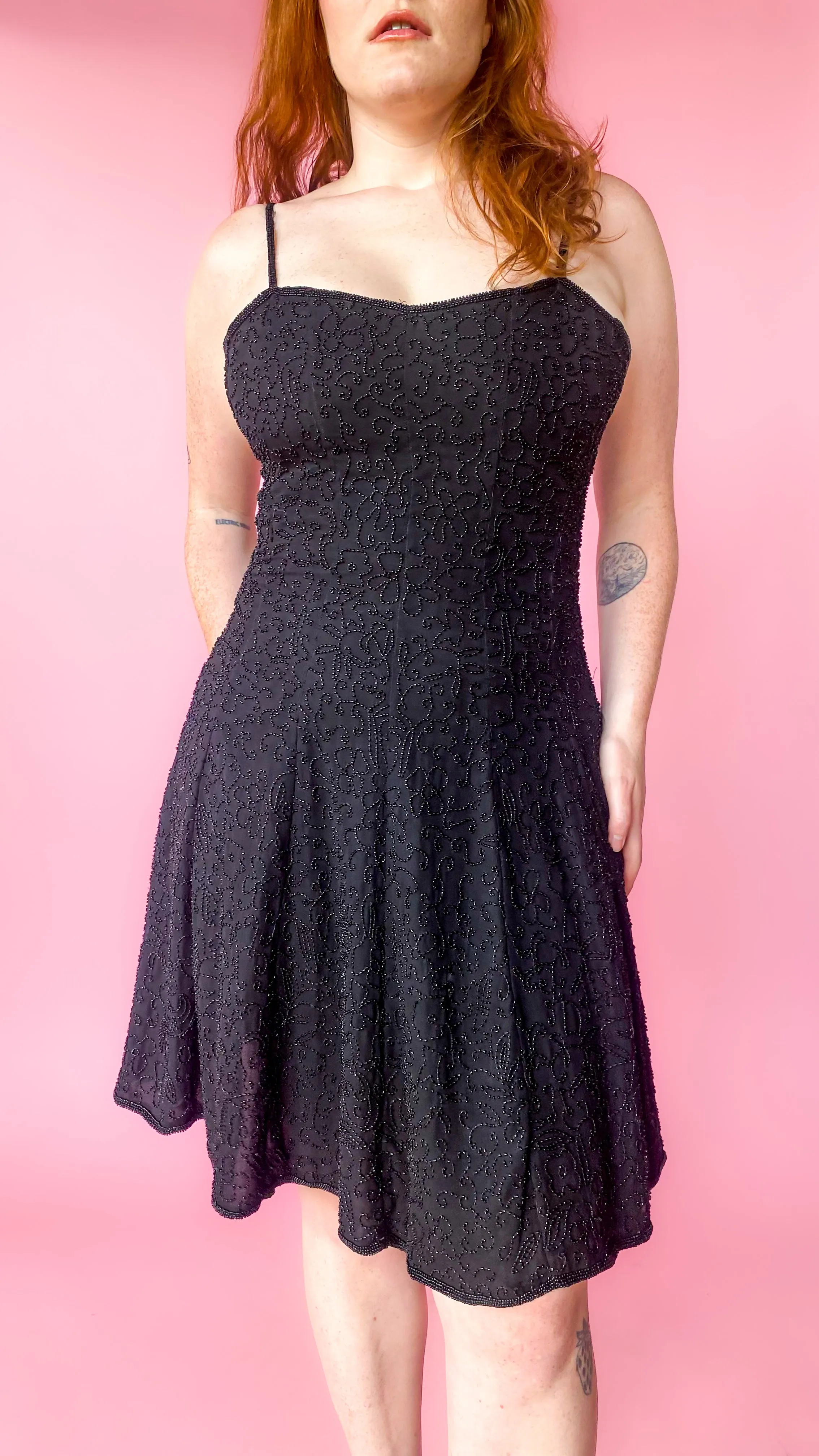 1980s Black Beaded Silk Dress, sz. L