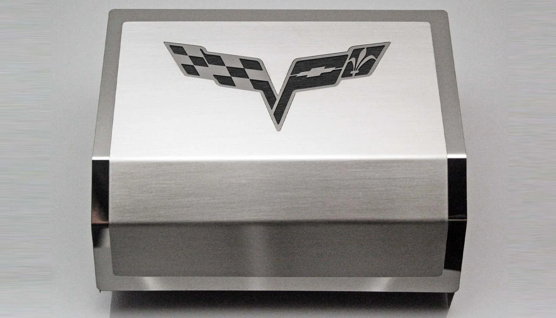 2005-2013 C6 Corvette - Deluxe Fuse Box Cover w/Crossed Flags Emblem - Stainless Steel