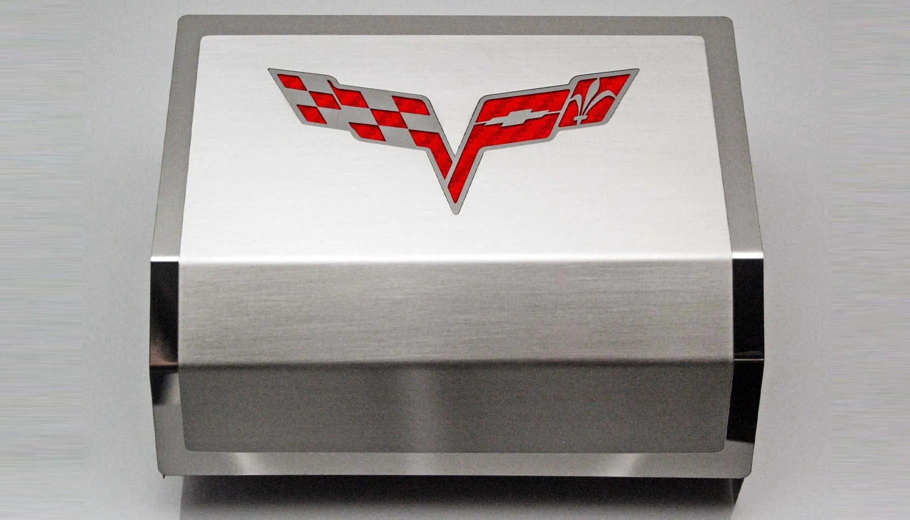 2005-2013 C6 Corvette - Deluxe Fuse Box Cover w/Crossed Flags Emblem - Stainless Steel