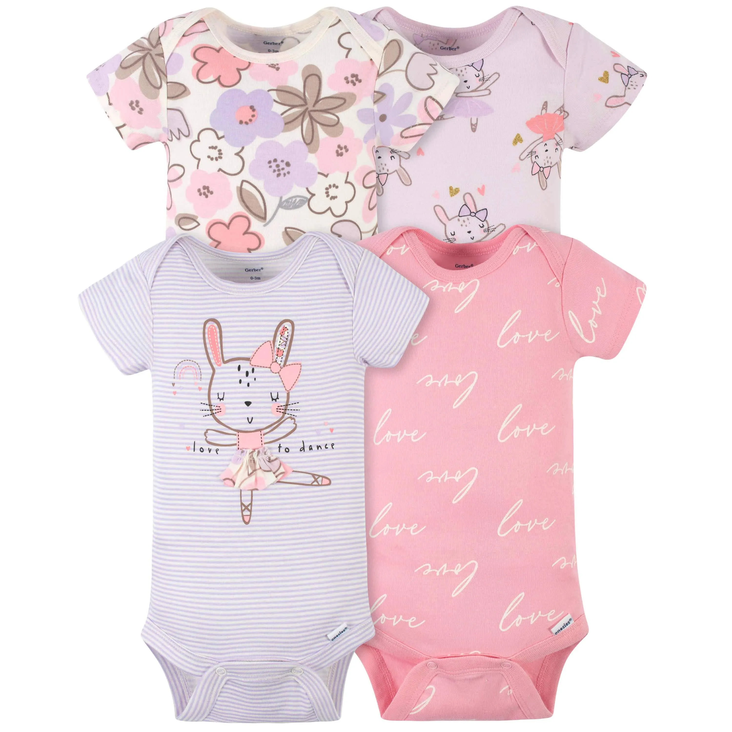 4-Pack Baby Girls Bunny Ballerina Short Sleeve Onesies Bodysuits