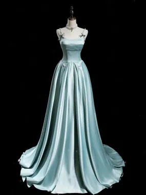 A-Line Blue Satin Long Prom Dress Spaghetti Strap Court Train Dresses