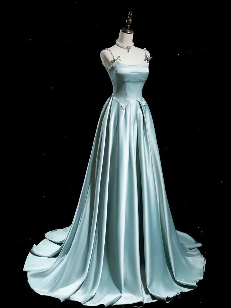 A-Line Blue Satin Long Prom Dress Spaghetti Strap Court Train Dresses