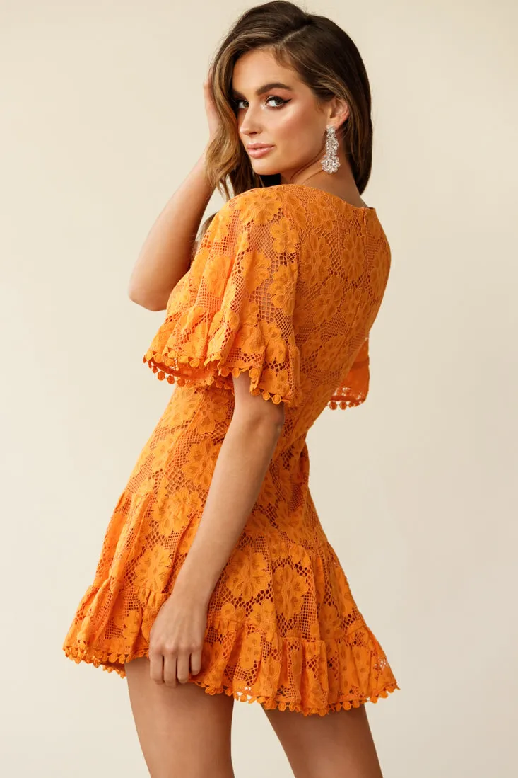 Alaia Short Fluted Sleeve Crochet Lace Dress Sunset