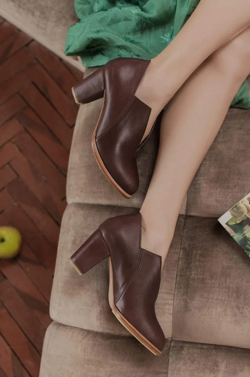 Ange Leather Heel Booties in Dark Brown