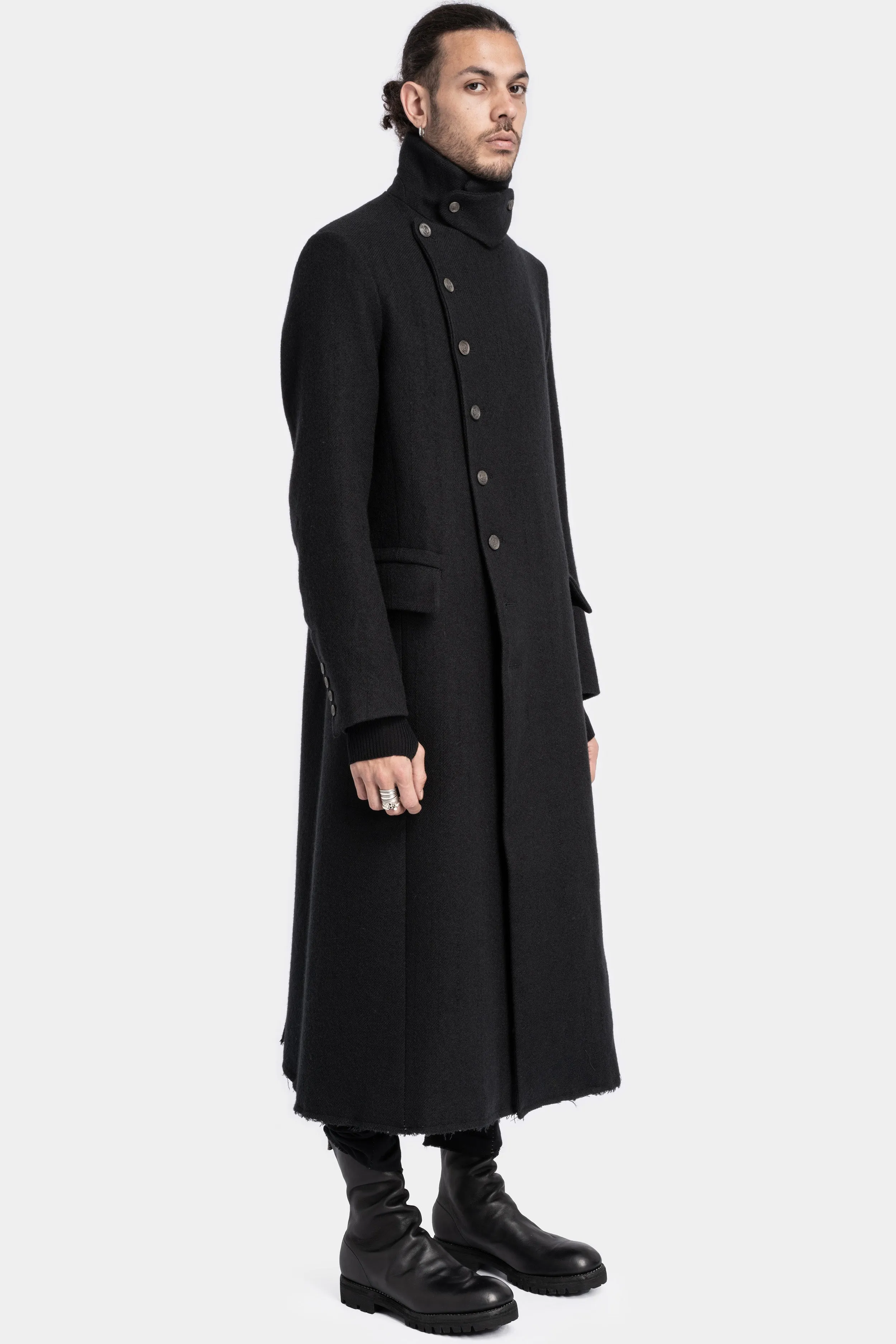 Asymmetrical buttoned high neck wool coat