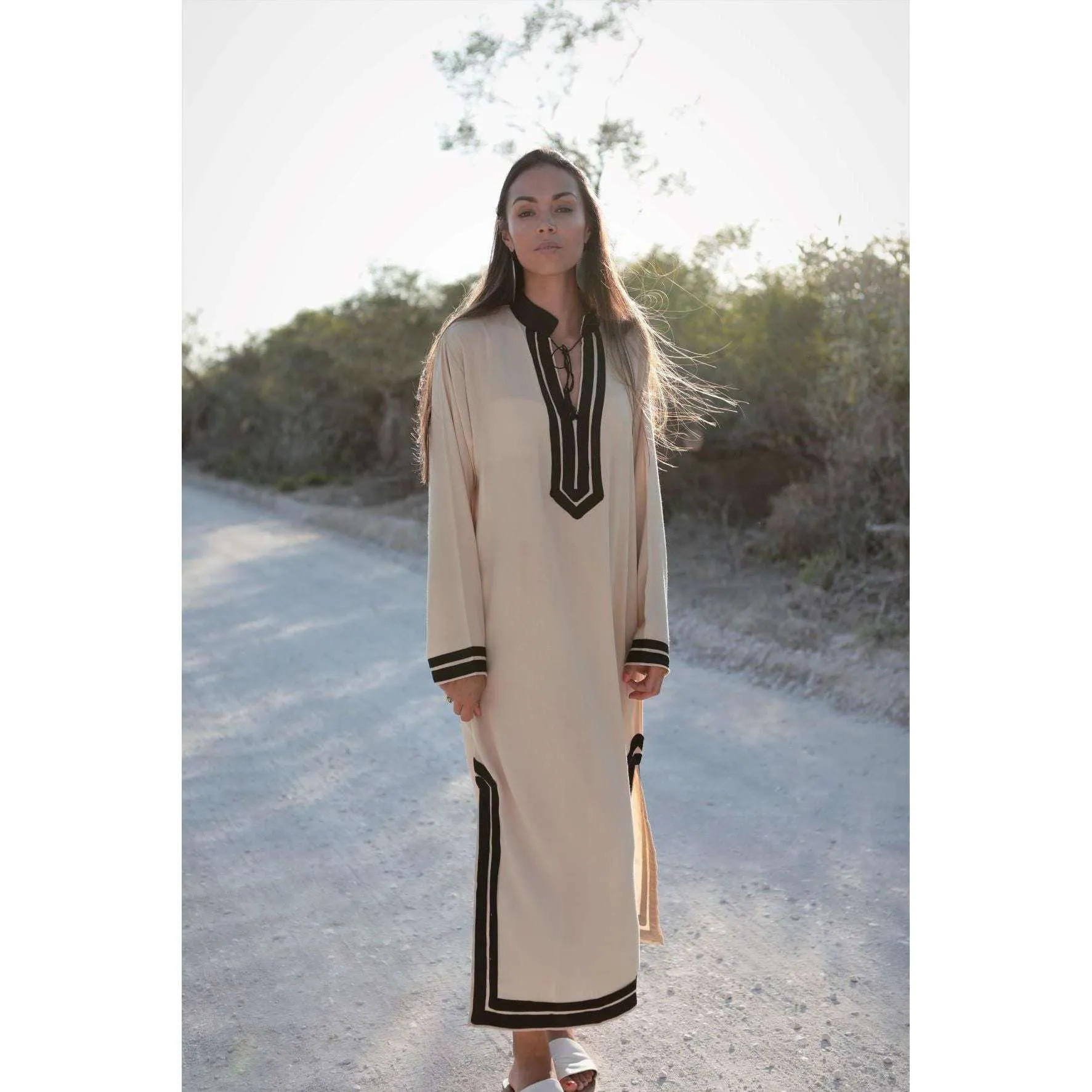 Beige Black Mariam Resort Lounge Kaftan Caftan- Moroccan Kaftan, Vacation, Holiday dress