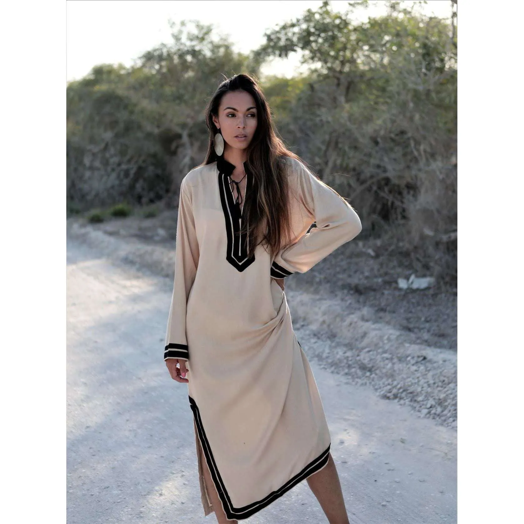 Beige Black Mariam Resort Lounge Kaftan Caftan- Moroccan Kaftan, Vacation, Holiday dress