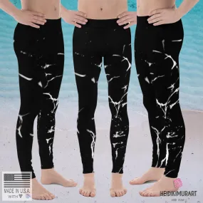 Black Marble Print Men's Leggings, Abstract Printed Meggings Run Tights-Made in USA/EU