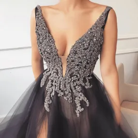 black prom dress ball gown beaded deep v neck elegant tulle crystals prom gown 2020