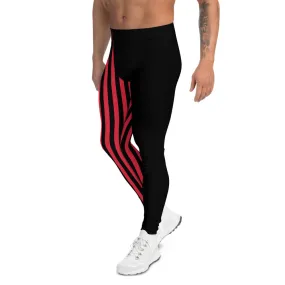 Black Red Stripe Men's Leggings, Vertical Striped Athletic Sporty Meggings-Made in USA/ MX/ EU