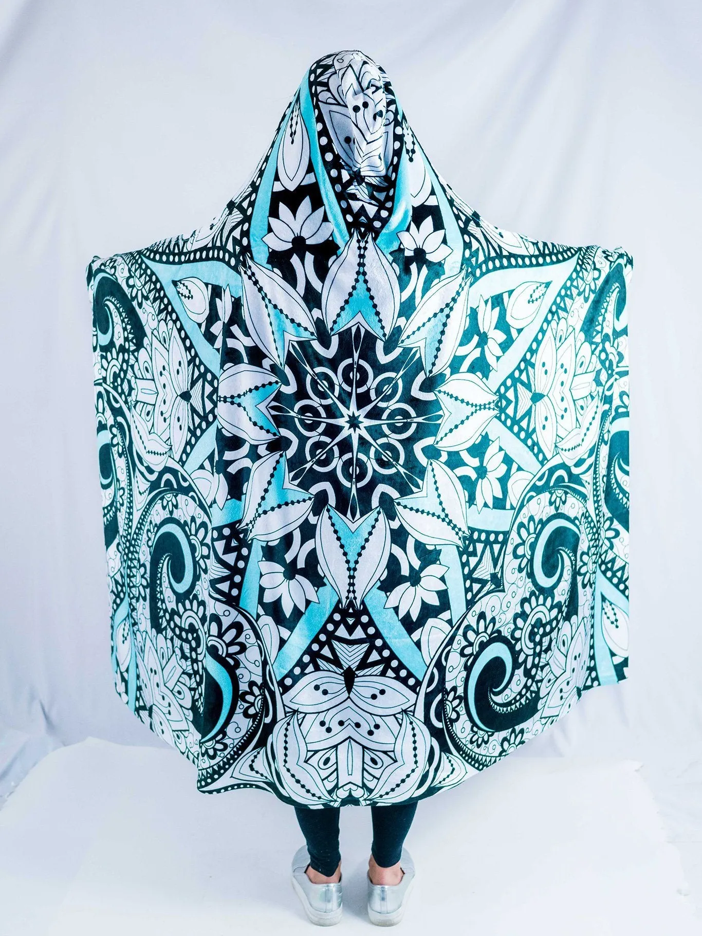 Black, Teal, and White Mandala Hooded Blanket