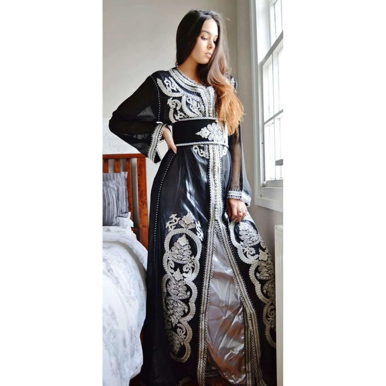 Black with White Moroccan Takchita Party Kaftan-Kalia Style