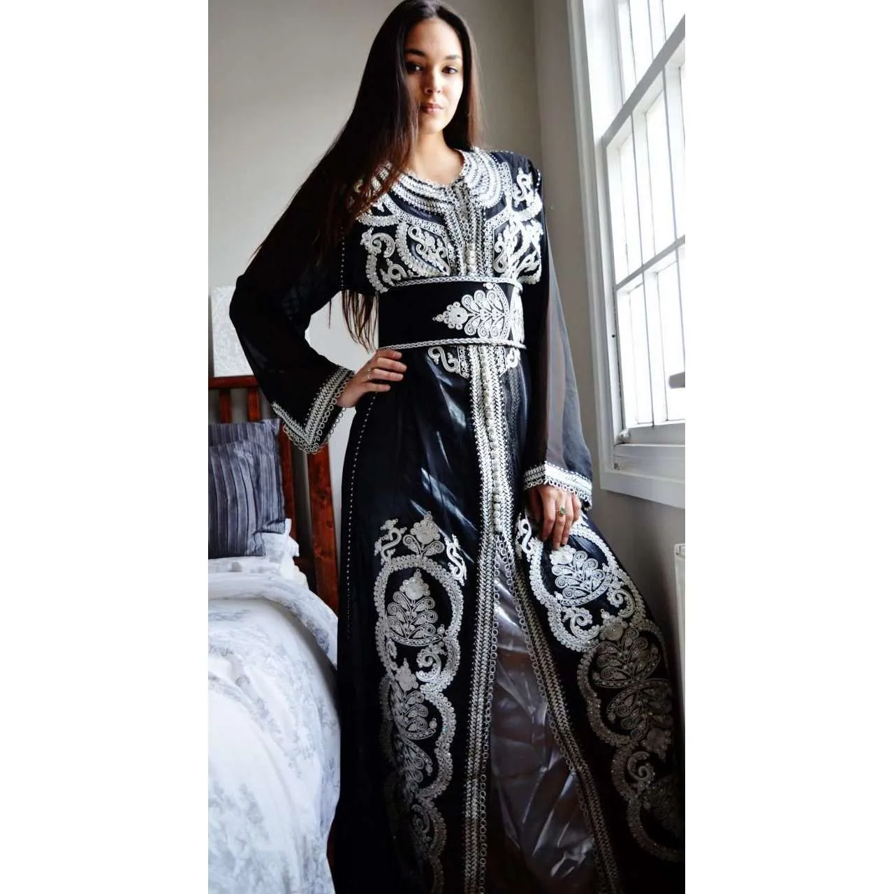 Black with White Moroccan Takchita Party Kaftan-Kalia Style