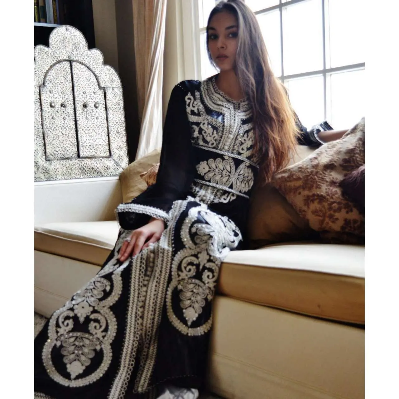 Black with White Moroccan Takchita Party Kaftan-Kalia Style