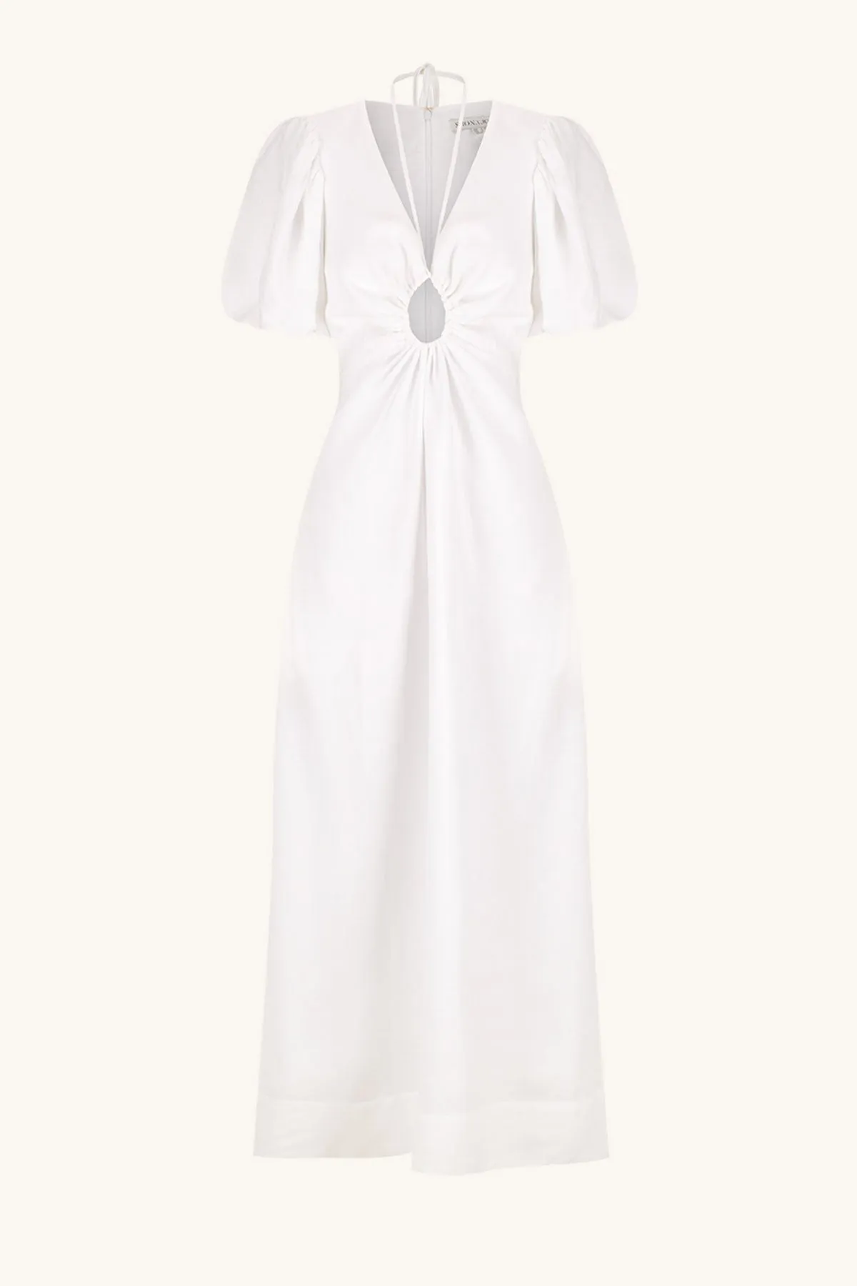 BLANC LINEN RUCHED KEYHOLE MIDI DRESS