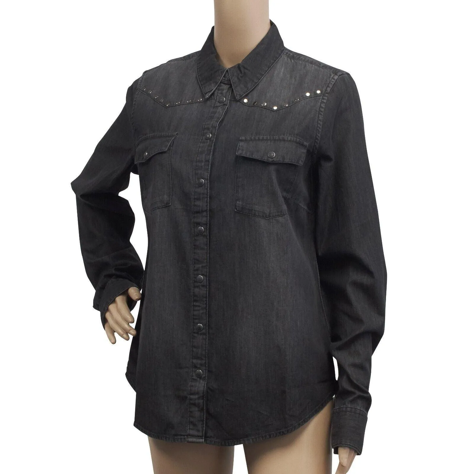 Branded  Women's Charcoal Circular Stud Denim L/S Woven Shirt