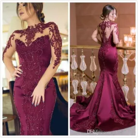 Burgundy evening dresses long sleeve beaded lace appliqué elegant mermaid evening gown mother of the bride dresses