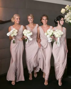 champagne bridesmaid dresses long v neck pleated cheap wedding party dresses 2020 vestido de novia