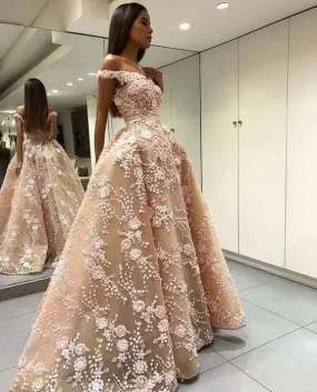 champagne prom dresses long off the shoulder floral lace appliqué elegant prom gown