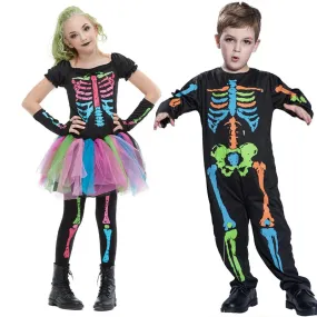 Colorful  Rainbow Skeleton Girl Dress Funky Punky Kid Costume