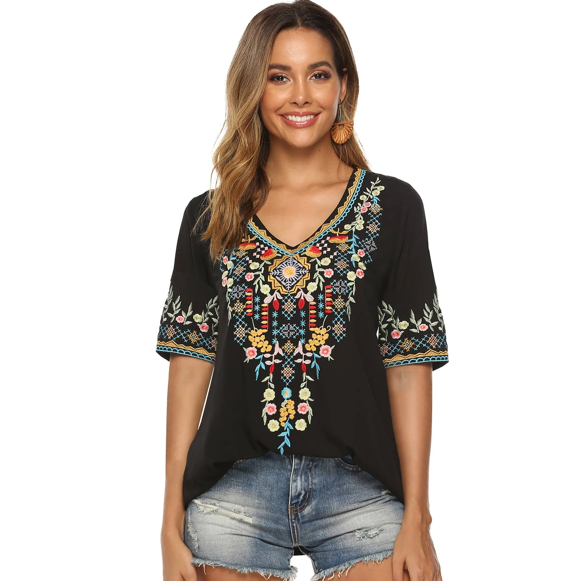 COTTON PLUS-SIZE V-NECK ETHNIC EMBROIDERED BLOUSE_CWTBLS0662