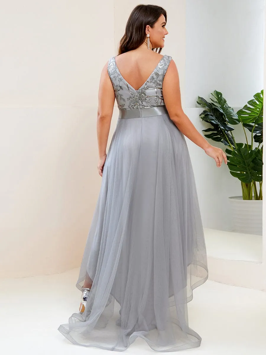 Custom Size High-Low Deep V Neck Tulle Prom Dresses with Sequin Appliques