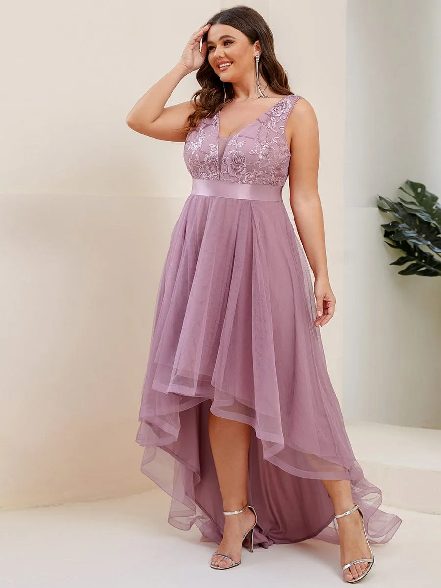 Custom Size High-Low Deep V Neck Tulle Prom Dresses with Sequin Appliques