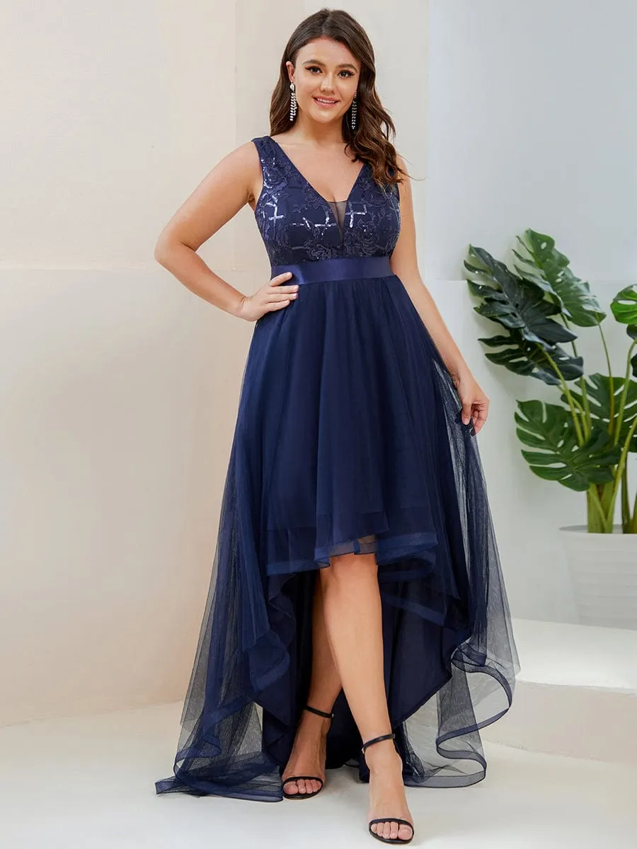 Custom Size High-Low Deep V Neck Tulle Prom Dresses with Sequin Appliques