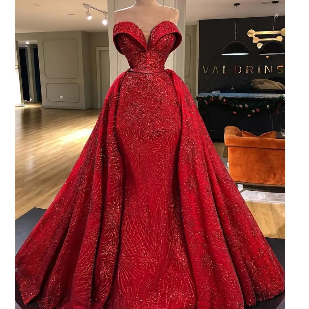 detachable skirt red evening dresses 2020 sparkle elegant sweetheart neckline evening gown