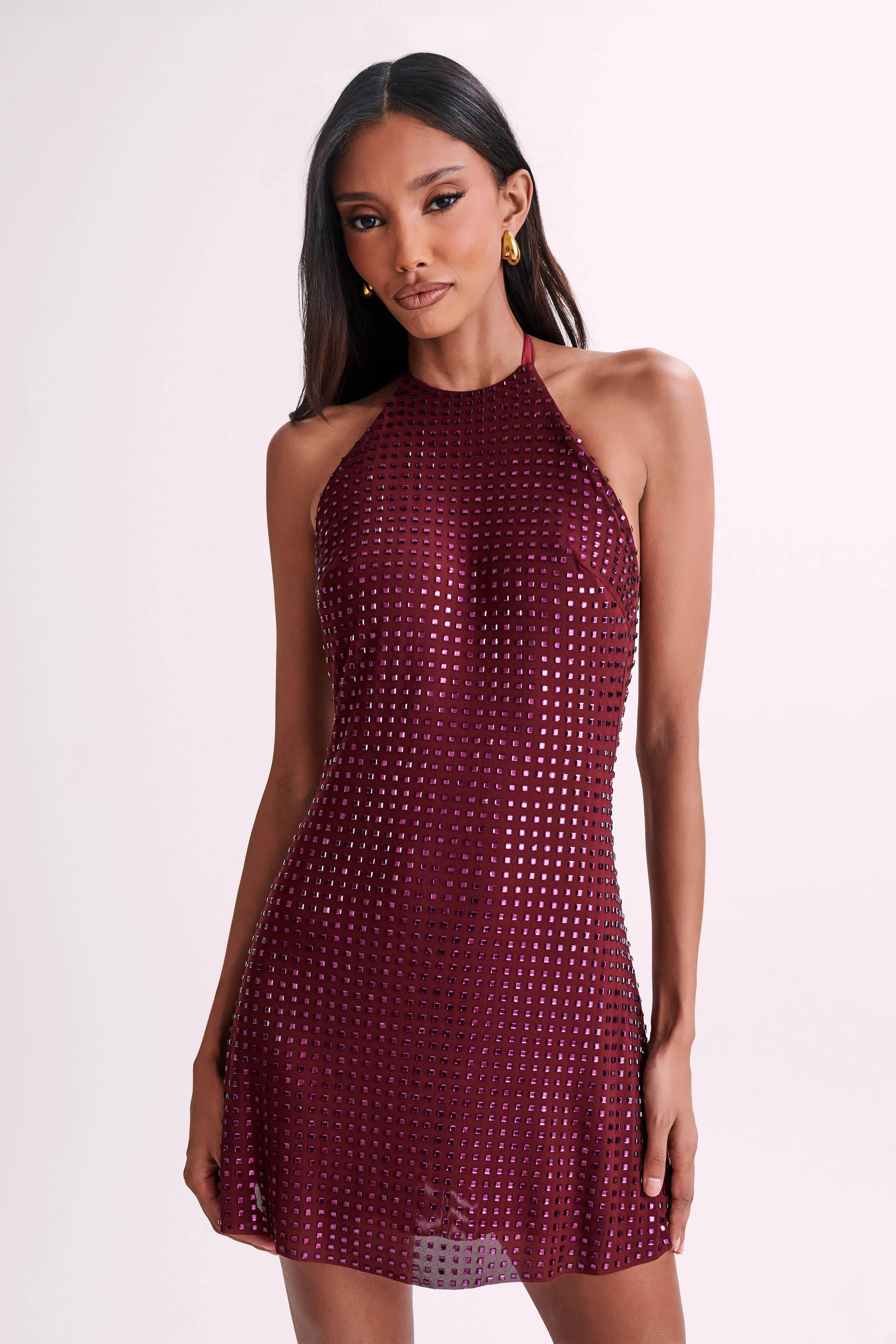 Dorothy Square Diamante Halter Mini Dress - Burgundy