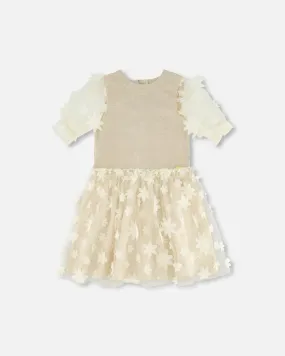 Elbow Sleeve Dress With Tulle Skirt Glittering Beige