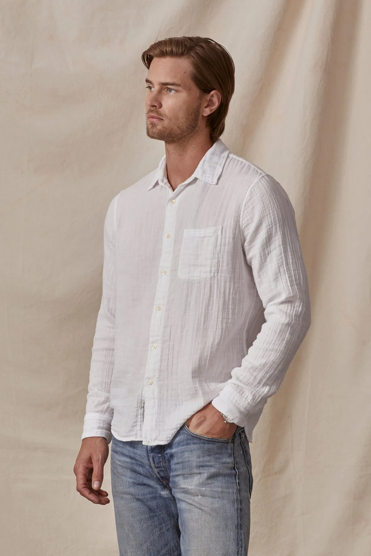 ELTON COTTON GAUZE BUTTON-UP SHIRT