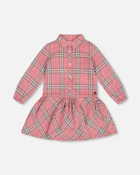 Flannel Shirt Dress With Frill Pink Plaid