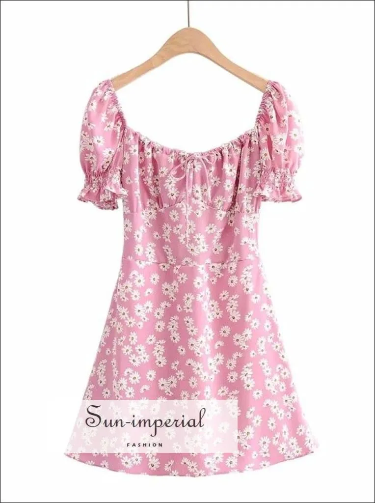 Green - Women Square Neck Floral Print Mini Dress with Puff Sleeve