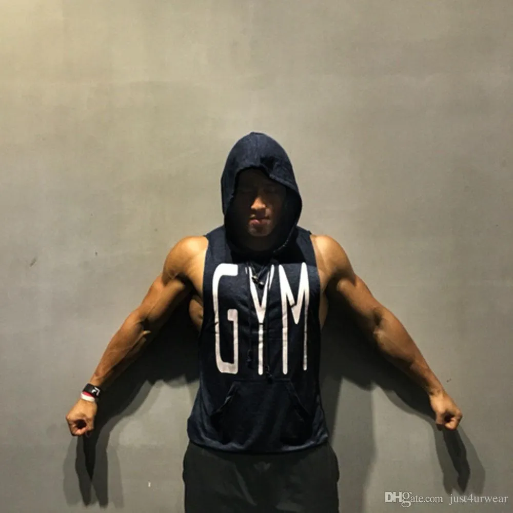 GYM Letters Print Tank Tops Men Athletic Fitness Casual Vest Sleeveless Hooded Loose tEE Summer Clothing Tops