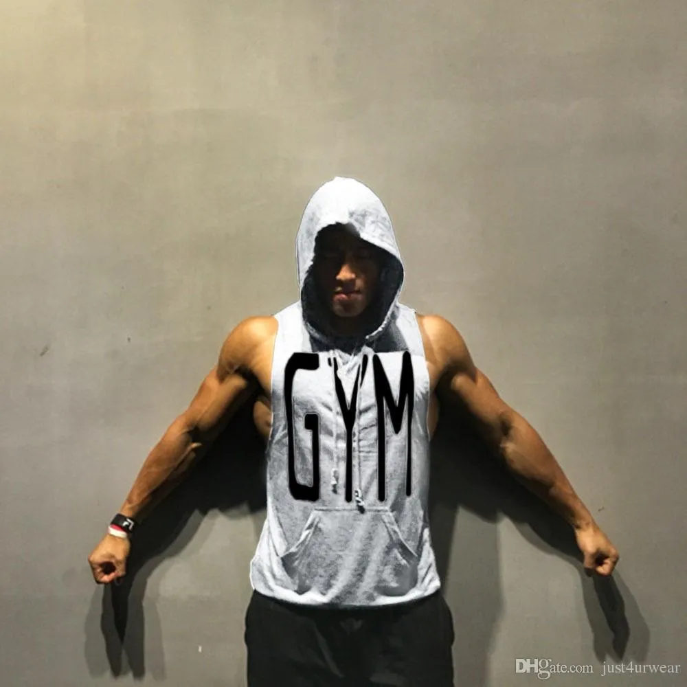 GYM Letters Print Tank Tops Men Athletic Fitness Casual Vest Sleeveless Hooded Loose tEE Summer Clothing Tops