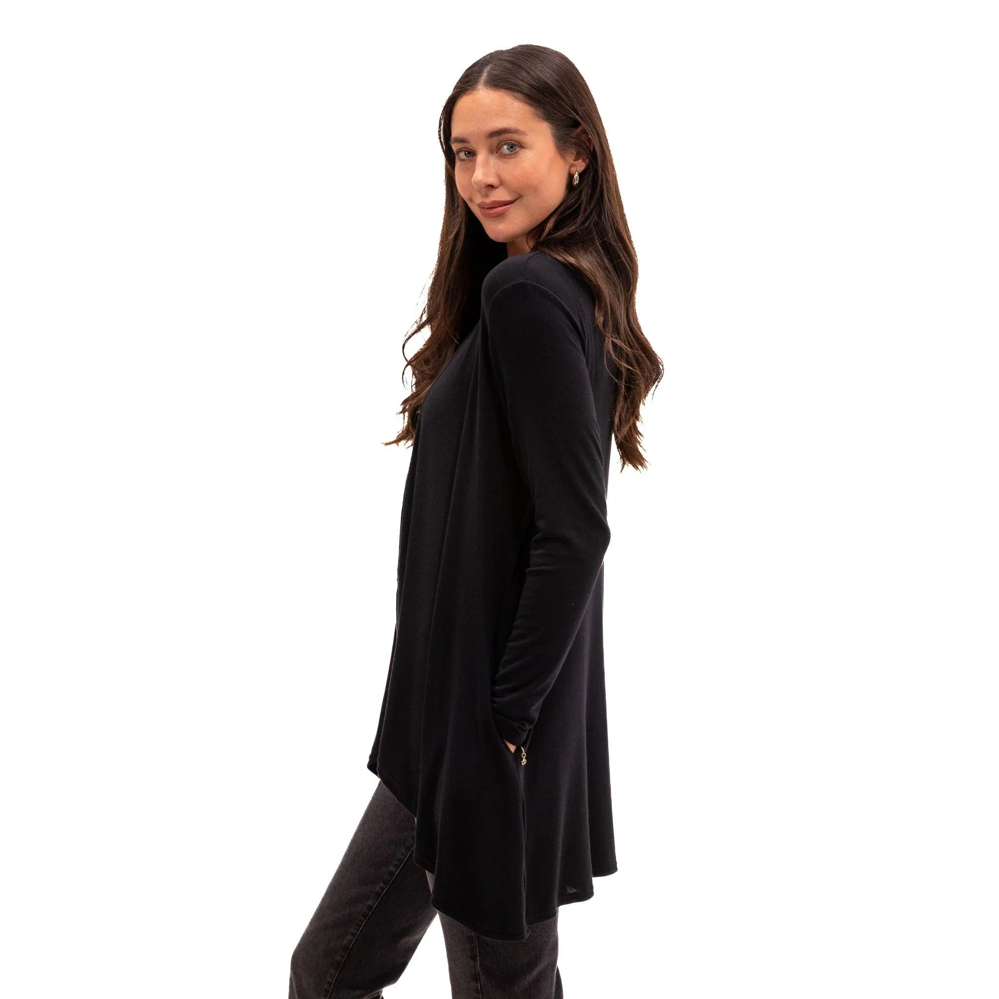 Hampton Open Front Travel Cardigan with Pockets in Eco-Cashmere Jet Black