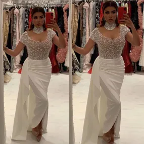 high neck beaded top evening dresses 2020 short sleeve mermaid white elegant arabic formal evening gown 2021