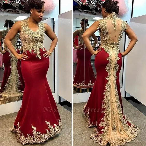 lace appliqué evening dresses 2020 Burgundy beaded modest mermaid African sexy formal dresses