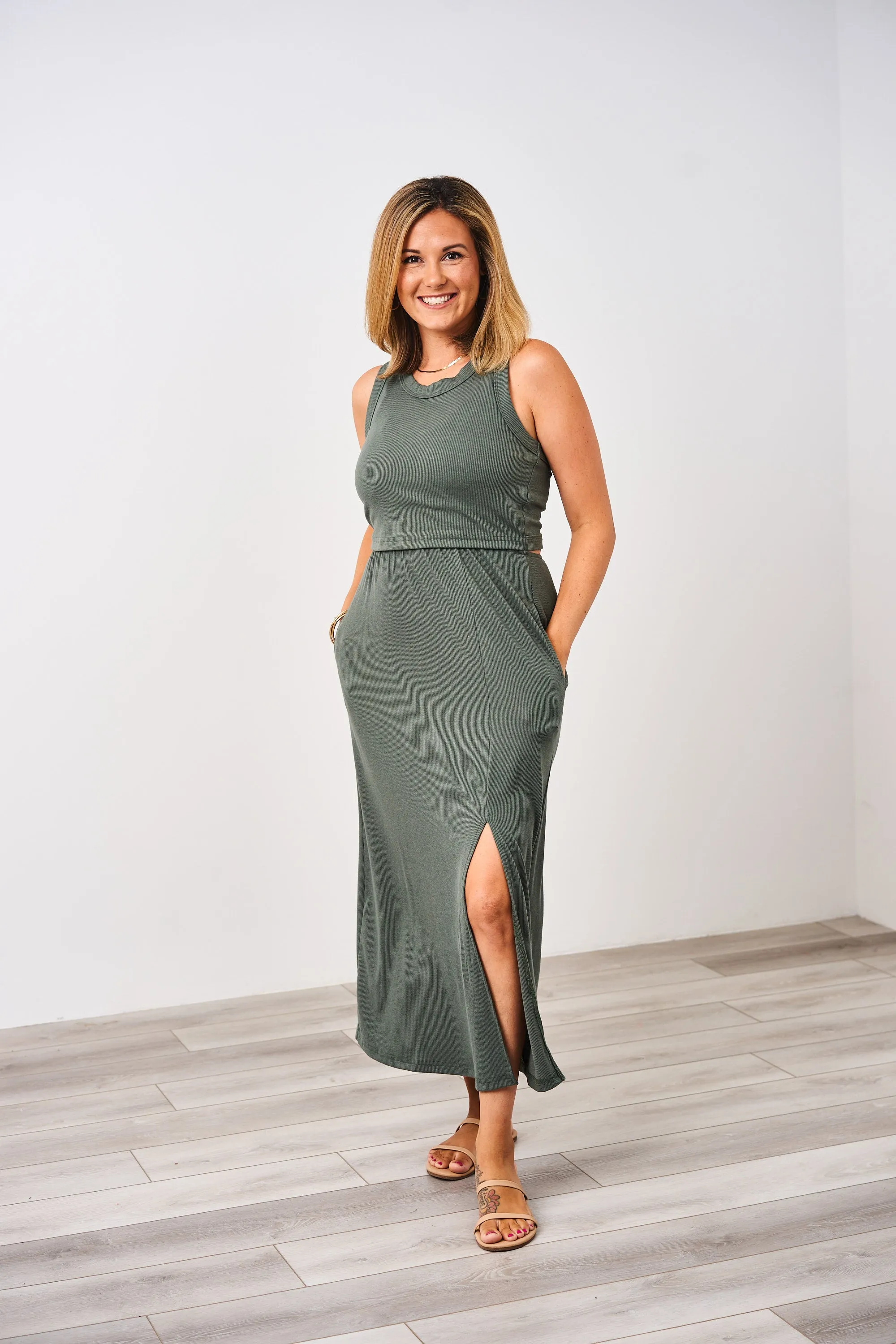 Latched Mama Ribbed Midi Nursing Slit Dress