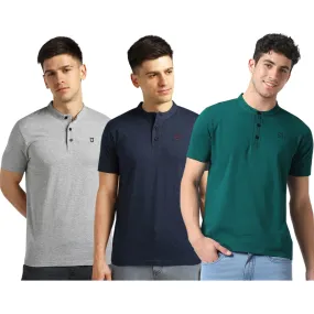 Men's Multicolor Solid Mandarin Collar Slim Fit Cotton T-Shirt Pack of 3