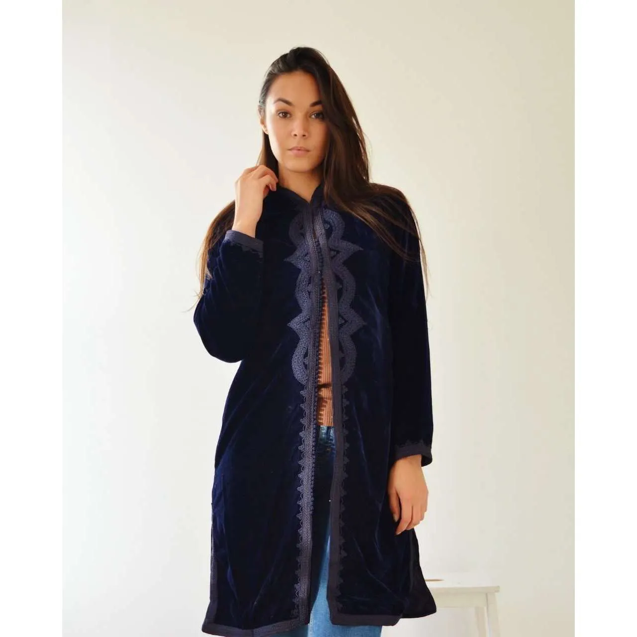 New Navy Blue Velvet Luxury Bohemian Jacket with Black Embroidery- bohemian Jacket