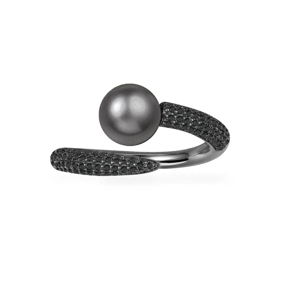 Open ring with pearl - dark grey silver