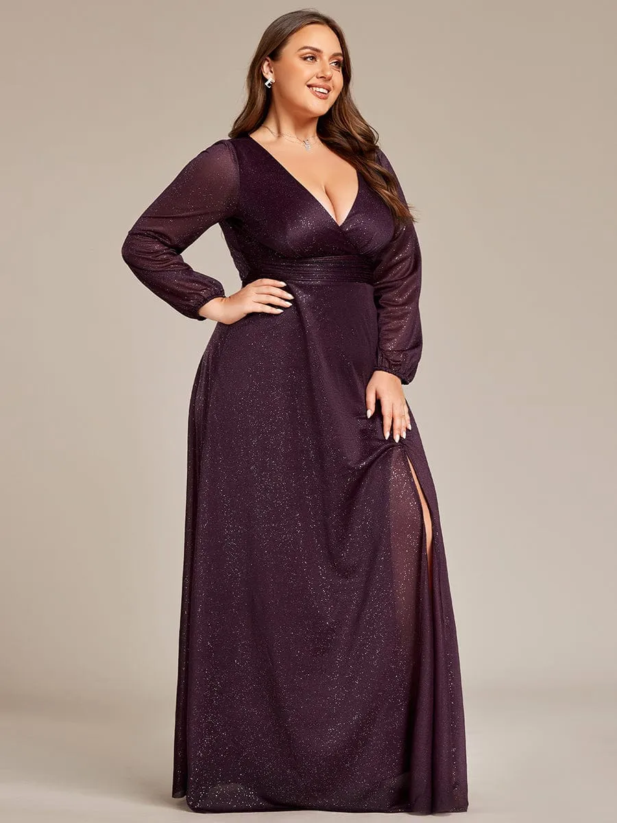 Plus Size V-Neck Shiny Puff Sleeve Evening Dress for Women