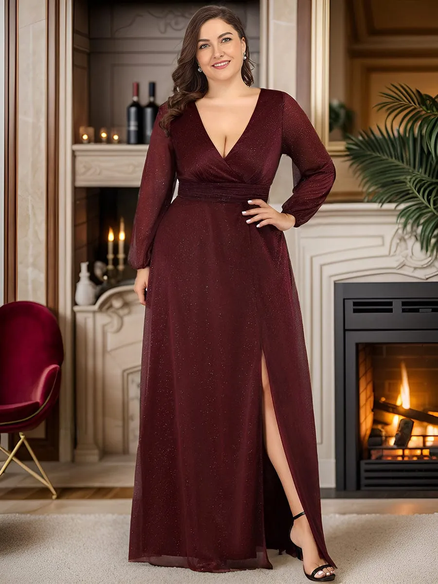 Plus Size V-Neck Shiny Puff Sleeve Evening Dress for Women